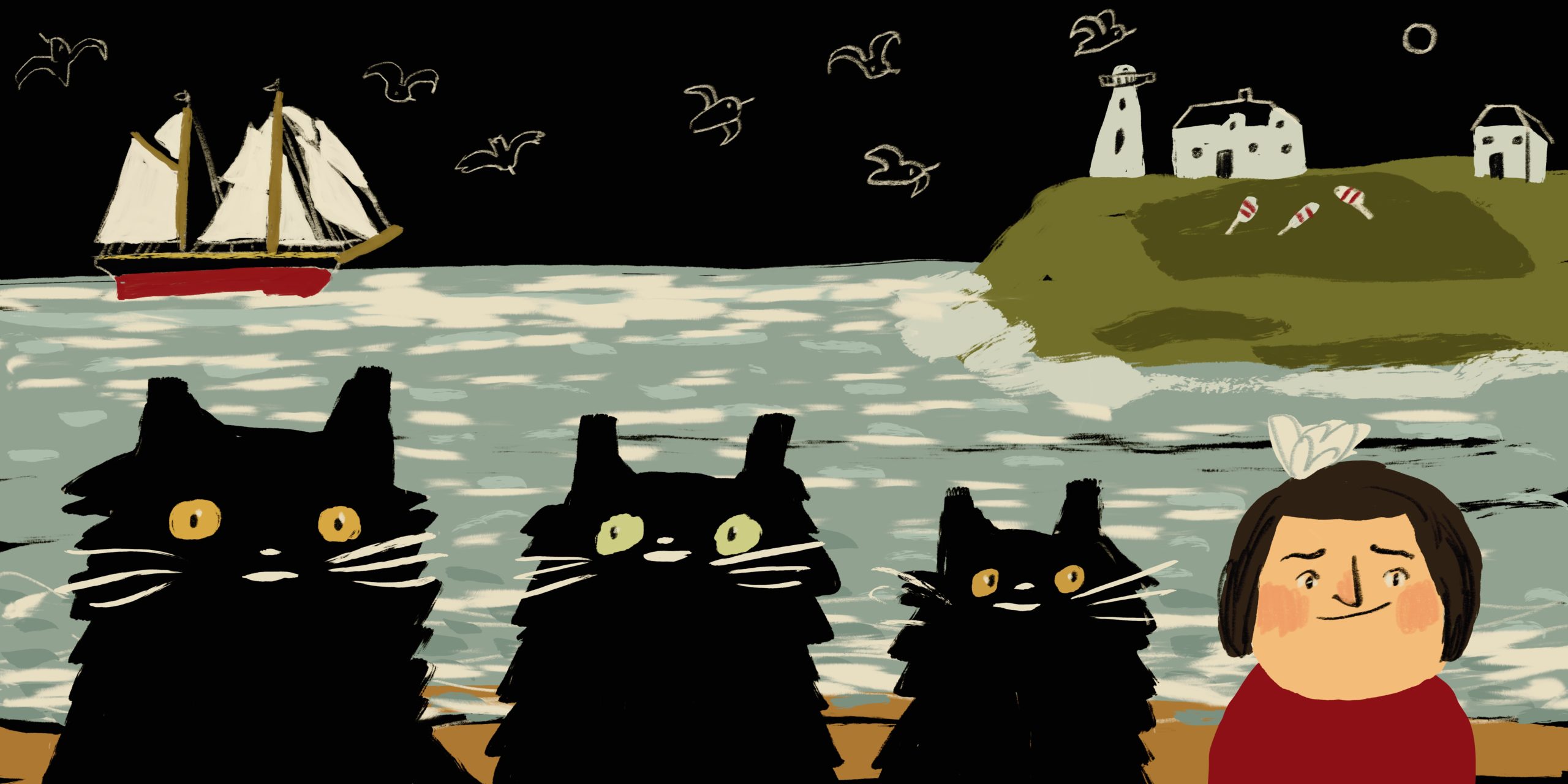 line of three cats and an image of young maud lewis